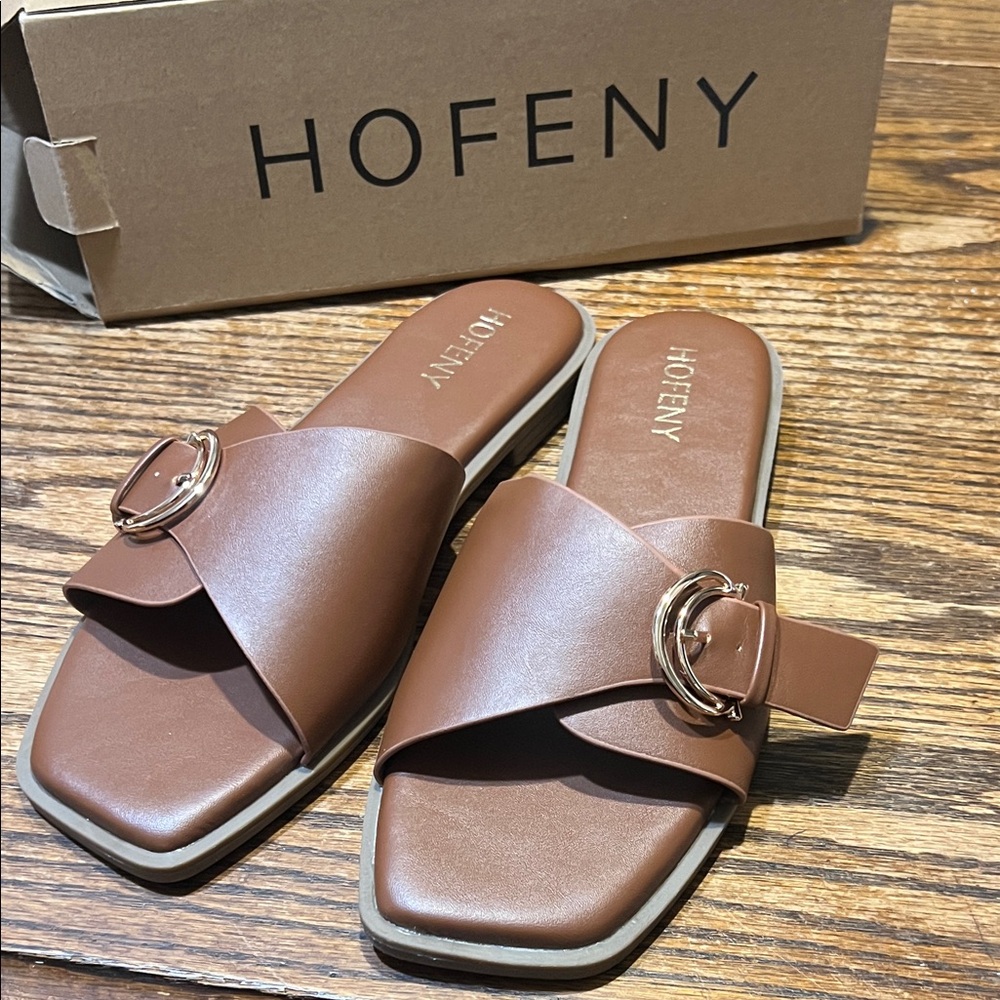 Hofeny Brown Slide Sandals with Gold Accent and square toe